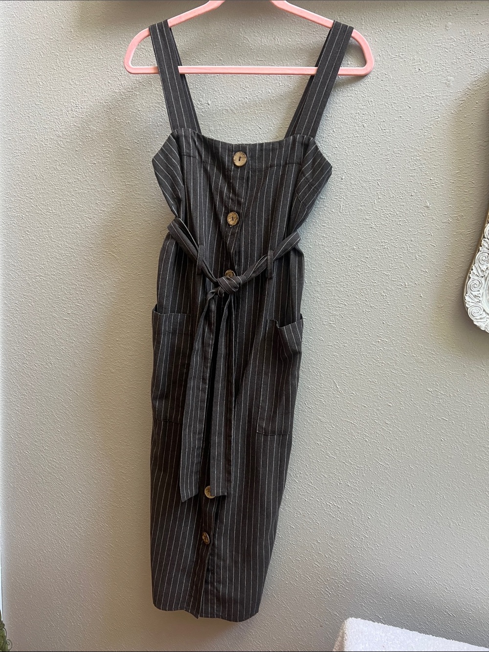Lush Brown Pinstripe Button-Front Midi Dress with Tie Belt